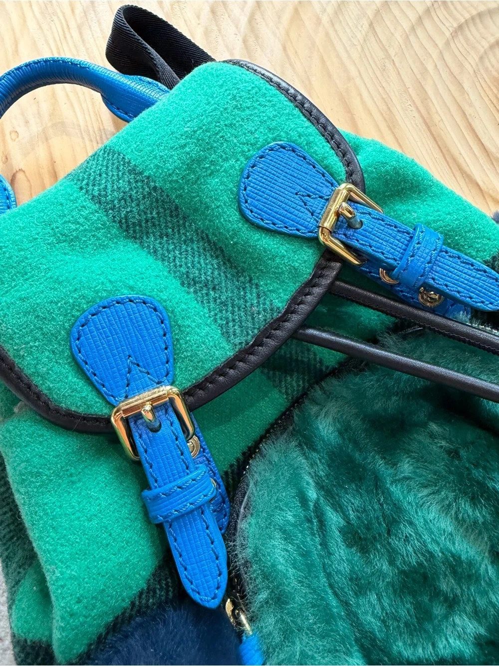 Runway Burberry Green and Blue Faux-Fur Drawstring Backpack with Yellow Accents